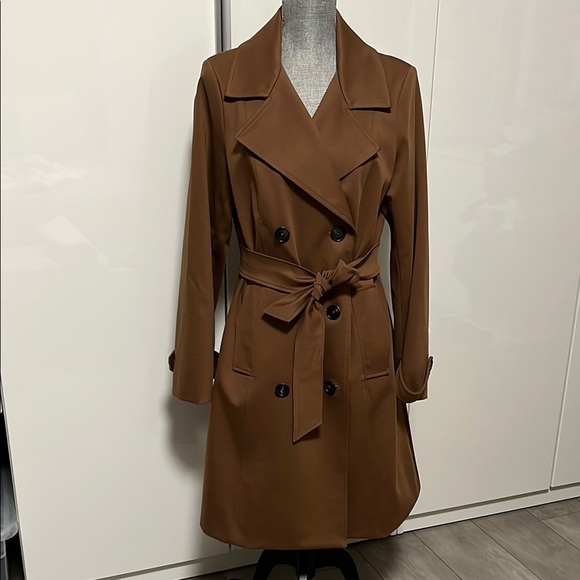 PINK TARTAN NWOT Double-Breasted Brown Trench Coat Lined, Size L - Picture 1 of 11